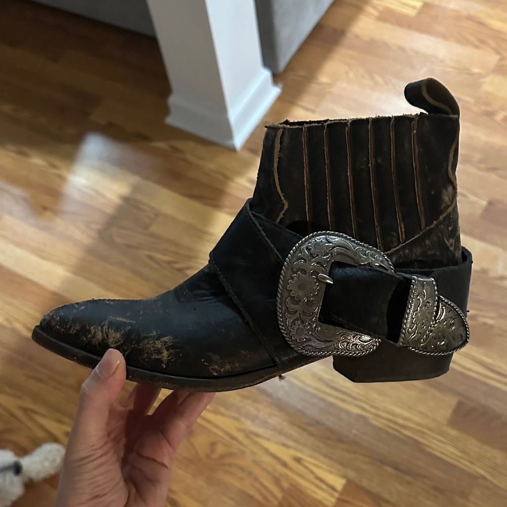 Black Leather Ankle Boot with Silver Buckle